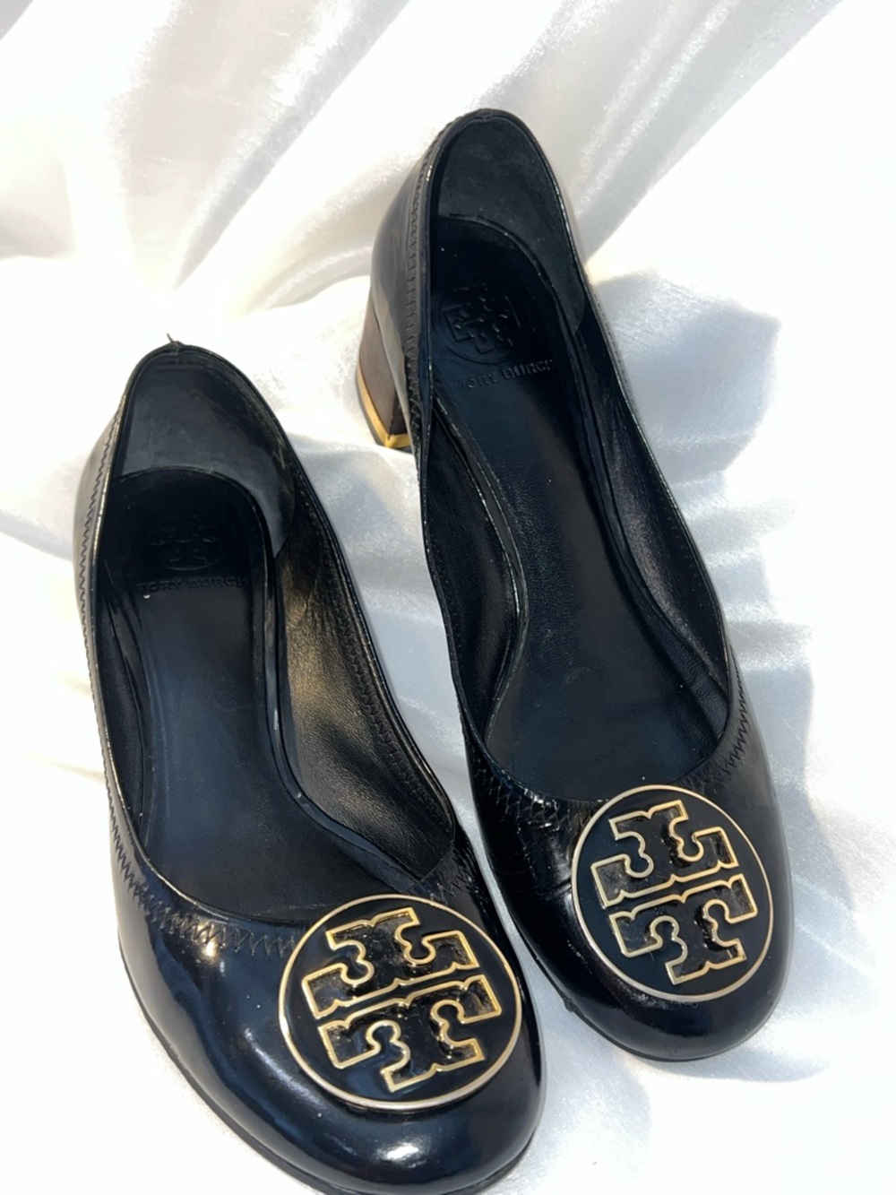 Tory Burch Black Patent Leather Round-Toe Block Heel Pumps with Gold Logo